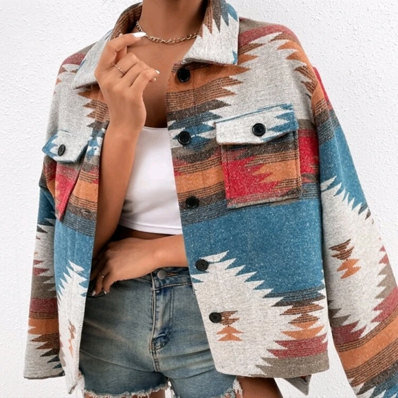 Jackets & Blazers - SHEIN Aztec Geo Print Drop Shoulder Over coat with Pockets and Buttons